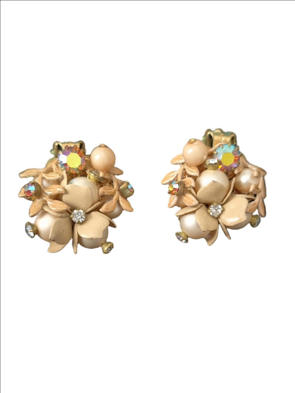 Vintage Beige Rhinestone Floral Clip-On Earrings Wedding Guest Bridal BRIDE